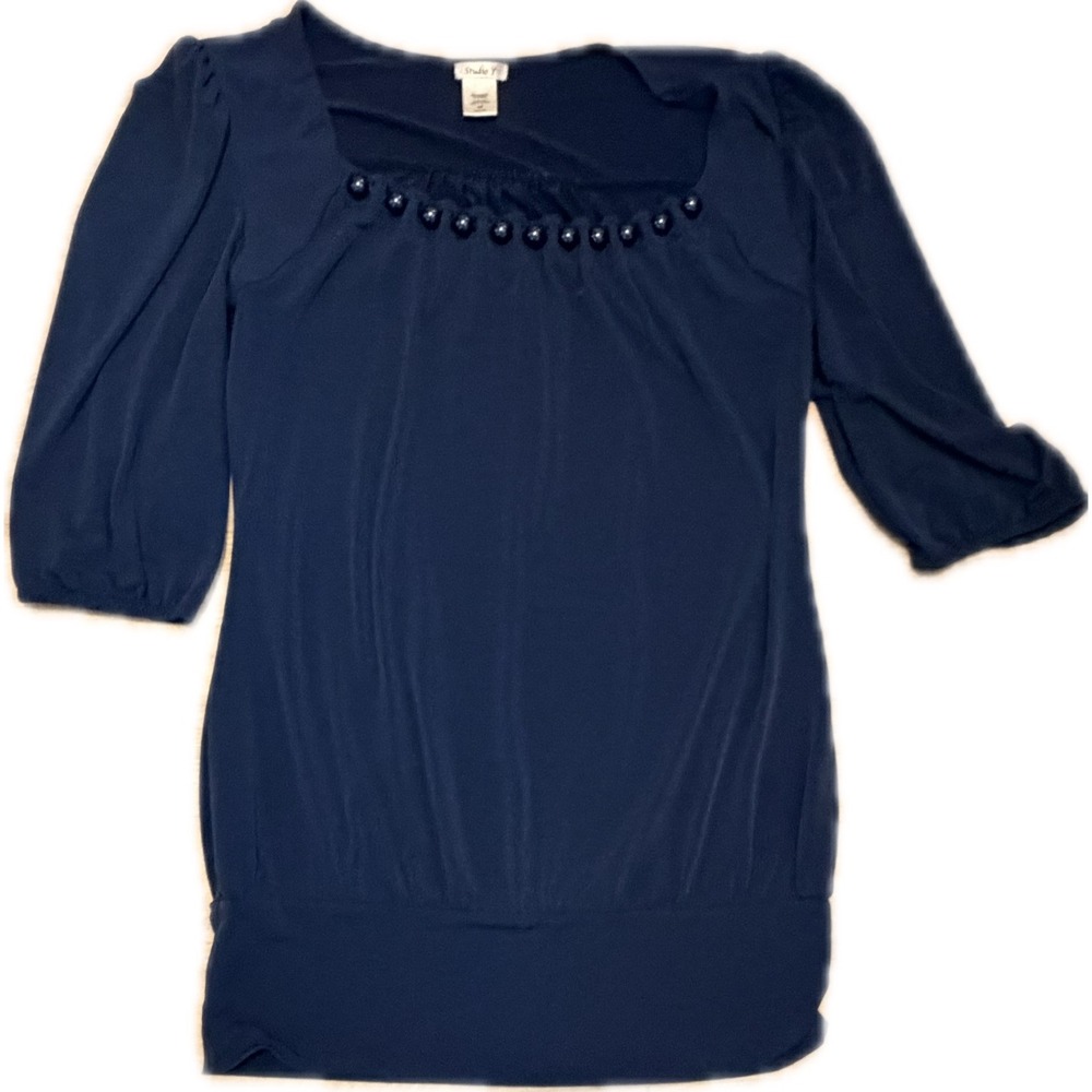 Studio Y Navy Blue Beaded Square Neck Blouson Top 3/4 Puff Sleeve Medium